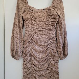 Women's Ruched Long-Sleeve Mini Dress in Tan